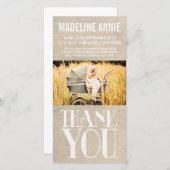 Rustic Burlap Baby Birth Dankuwel foto Bedankkaart (Voorkant / Achterkant)