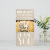 Rustic Burlap Baby Birth Dankuwel foto Bedankkaart (Staand voorkant)