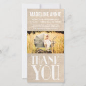 Rustic Burlap Baby Birth Dankuwel foto Bedankkaart (Voorkant)