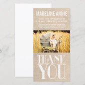 Rustic Burlap Baby Birth Dankuwel foto Bedankkaart (Voorkant / Achterkant)