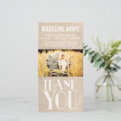 Rustic Burlap Baby Birth Dankuwel foto Bedankkaart (Staand voorkant)