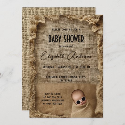Rustic Burlap Baby shower Invitation Kaart (Voorkant / Achterkant)