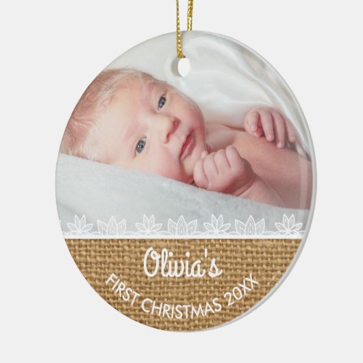 Rustic Burlap Baby's eerste Kerstmis Keramisch Ornament (Links)