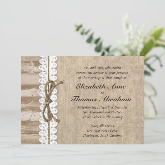 Rustic Burlap Barn Wood Twine Wedding Invitting Kaart (Staand voorkant)