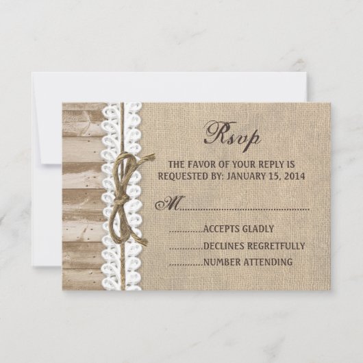 Rustic Burlap Barn Wood Twine Wedding RSVP Card Kaartje (Voorkant)
