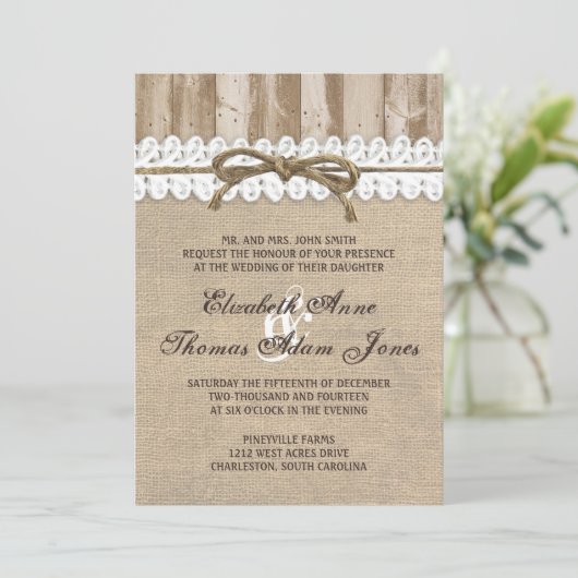 Rustic Burlap Barn Wood Twine Wedding Uitnodiging (Staand voorkant)