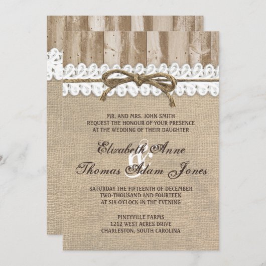 Rustic Burlap Barn Wood Twine Wedding Uitnodiging (Voorkant / Achterkant)