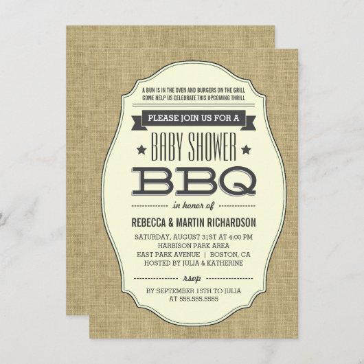  Rustic Burlap BBQ Baby Shower-uitnodigingen Kaart (Voorkant / Achterkant)