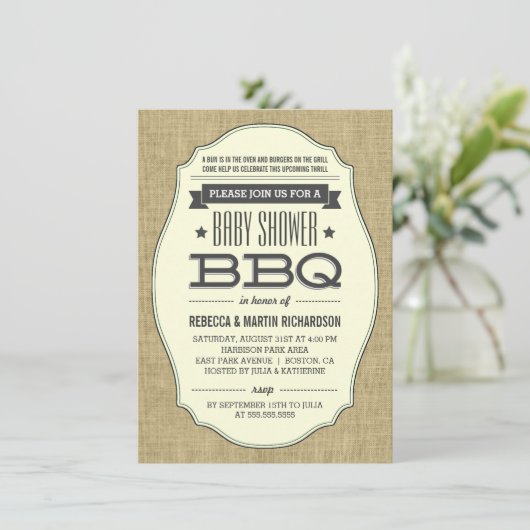  Rustic Burlap BBQ Baby Shower-uitnodigingen Kaart (Staand voorkant)