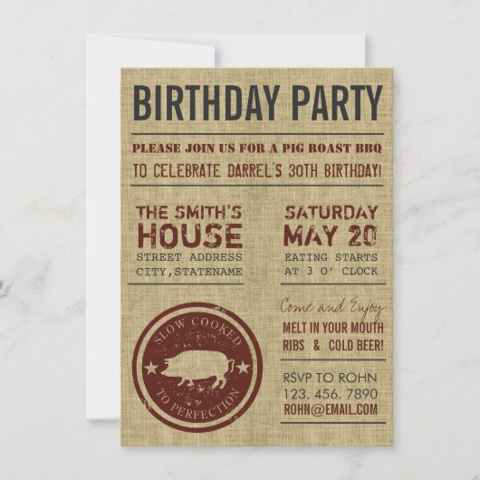 Rustic Burlap BBQ Birthday Party Kaart (Voorkant)