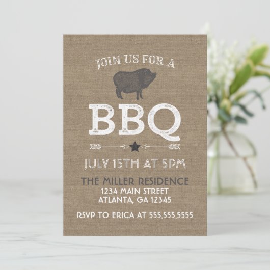 Rustic Burlap  BBQ Party Kaart (Staand voorkant)