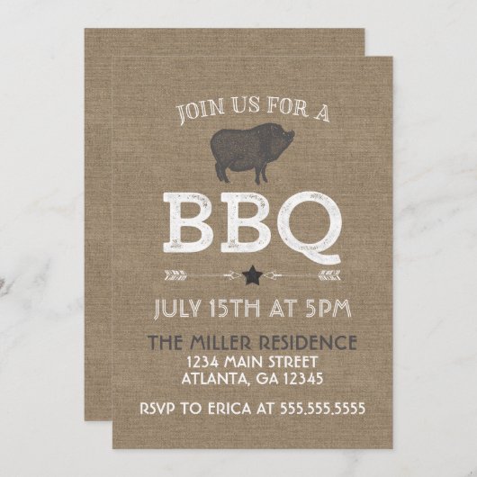 Rustic Burlap  BBQ Party Kaart (Voorkant / Achterkant)