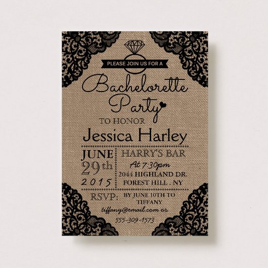 Rustic Burlap & Black Lace Bachelorette Party Kaart