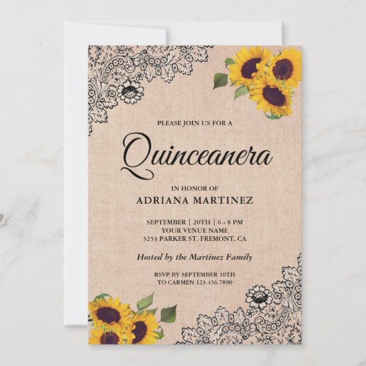 Rustic Burlap Black Lace Sunflower Quinceanera Kaart (Voorkant)