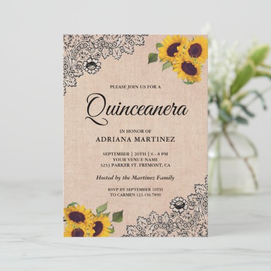 Rustic Burlap Black Lace Sunflower Quinceanera Kaart (Staand voorkant)