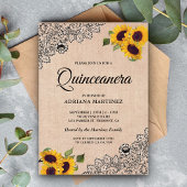 Rustic Burlap Black Lace Sunflower Quinceanera Kaart