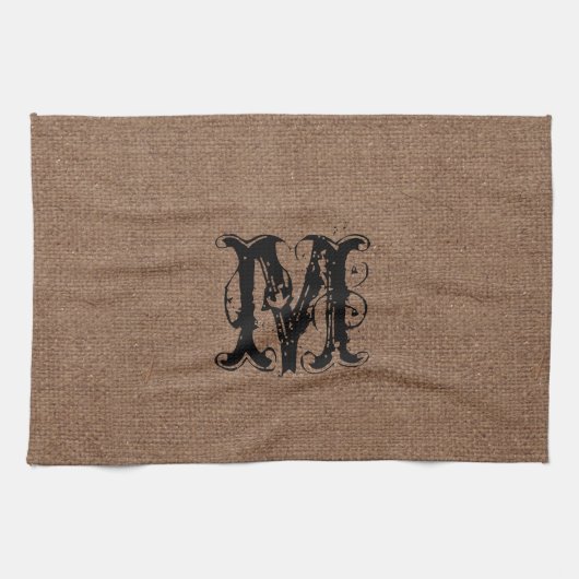 Rustic Burlap Black Monogram - Shabby Chic Theedoek (Horizontaal)
