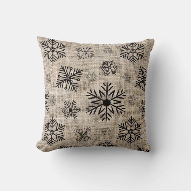 Rustic Burlap Black Snowflakes kerst Kussen (Voorkant)