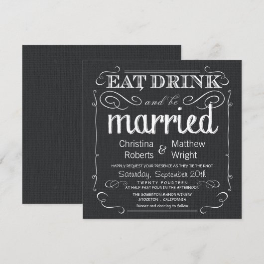 Rustic Burlap Black White Wedding Invitations Kaart (Voorkant / Achterkant)