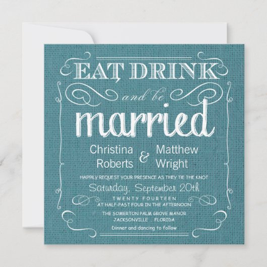 Rustic Burlap Blauwgroen Blue Wedding Invitations Kaart (Voorkant)