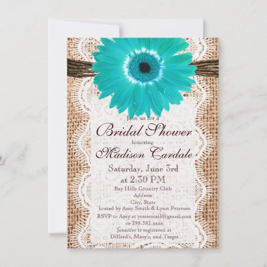 Rustic Burlap Blauwgroen Daisy Bridal Shower Invit Kaart (Voorkant)
