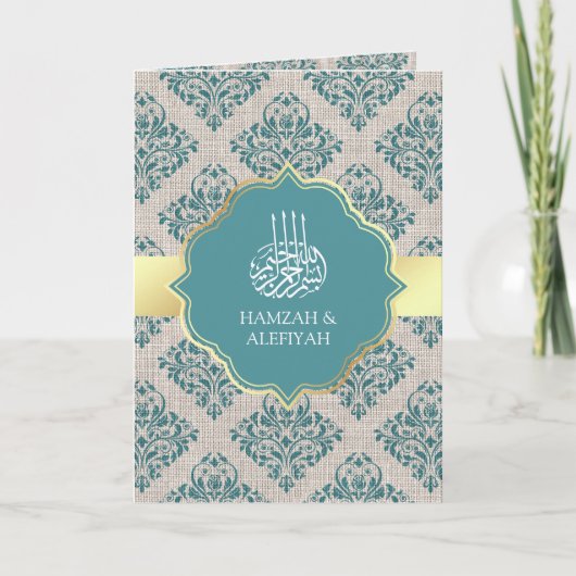 Rustic Burlap Blauwgroen Damask Muslim Wedding (Voorkant)