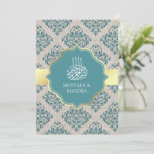 Rustic Burlap Blauwgroen Damask Muslim Wedding Kaart (Staand voorkant)