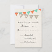 Rustic Burlap Blauwgroen Sinaasappel Pennant Weddi RSVP Kaartje (Voorkant)