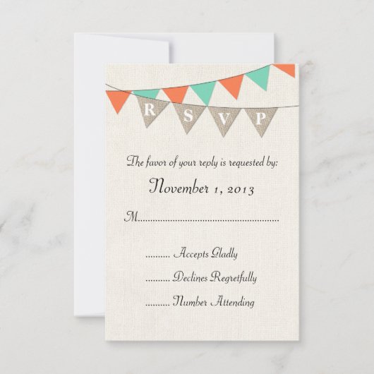Rustic Burlap Blauwgroen Sinaasappel Pennant Weddi RSVP Kaartje (Voorkant)