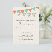 Rustic Burlap Blauwgroen Sinaasappel Pennant Weddi RSVP Kaartje (Staand voorkant)