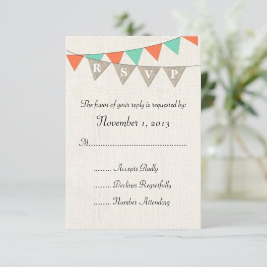 Rustic Burlap Blauwgroen Sinaasappel Pennant Weddi RSVP Kaartje (Staand voorkant)