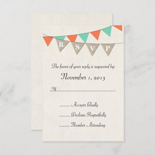 Rustic Burlap Blauwgroen Sinaasappel Pennant Weddi RSVP Kaartje (Voorkant / Achterkant)