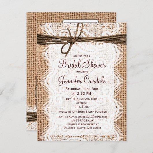 Rustic Burlap Bridal Shower Invitation Briefkaart (Voorkant / Achterkant)