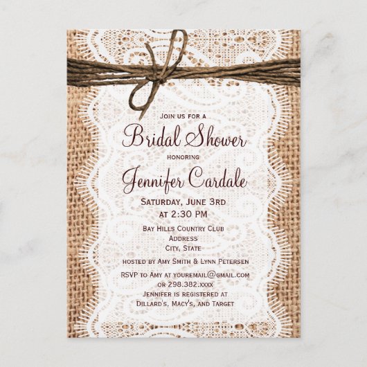 Rustic Burlap Bridal Shower Invitation Briefkaart (Voorkant)