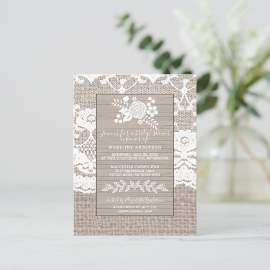 Rustic Burlap Bridal Shower Invitation Briefkaart (Staand voorkant)