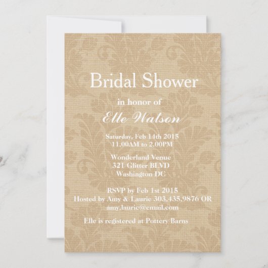 Rustic Burlap Bridal Shower Invitations, Custom Kaart (Voorkant)