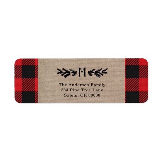 Rustic Burlap Buffalo Pset Monogram Pine Etiket (Voorkant)