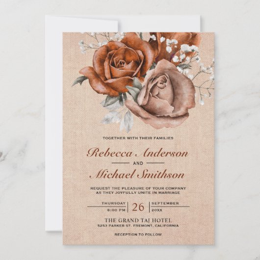 Rustic Burlap Burnt Oranje Roos Terracotta Wedding Kaart (Voorkant)
