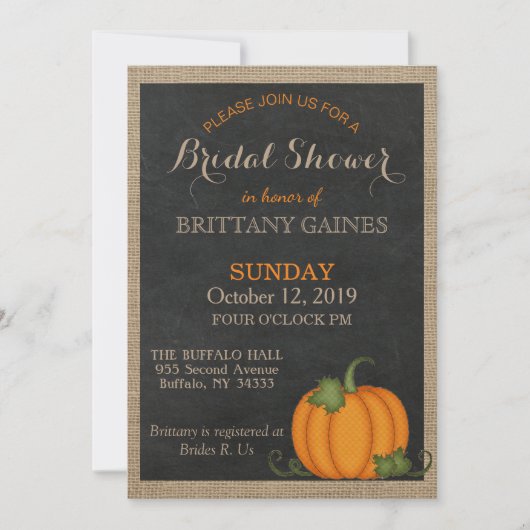 Rustic Burlap Chalkboard Oranje pompoendouche Kaart (Voorkant)