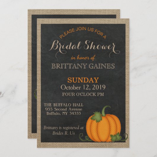 Rustic Burlap Chalkboard Oranje pompoendouche Kaart (Voorkant / Achterkant)