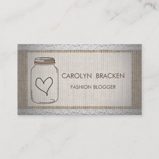 Rustic Burlap Chic Lace Mason Jar Heart Visitekaartje (Voorkant)