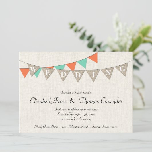 Rustic Burlap Coral Pennant Wedding Invitation Kaart (Staand voorkant)