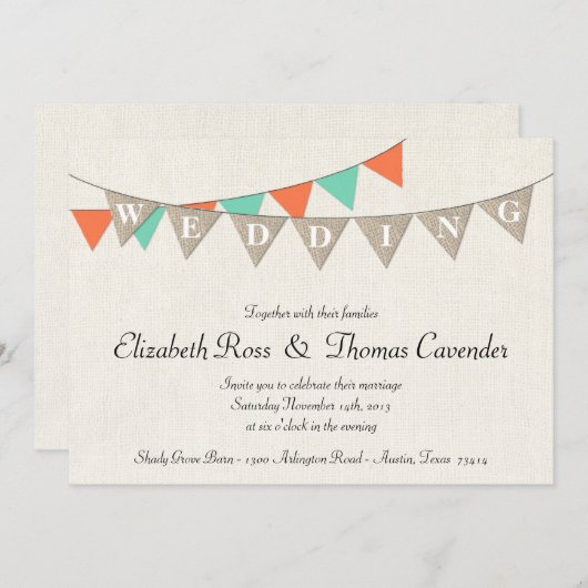 Rustic Burlap Coral Pennant Wedding Invitation Kaart (Voorkant / Achterkant)