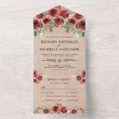 Rustic Burlap Country Marsala Floral Bloom Wedding All In One Uitnodiging (Binnen)