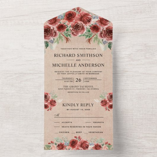 Rustic Burlap Country Marsala Floral Bloom Wedding All In One Uitnodiging (Binnen)