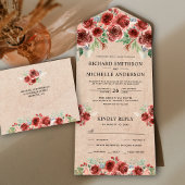 Rustic Burlap Country Marsala Floral Bloom Wedding All In One Uitnodiging