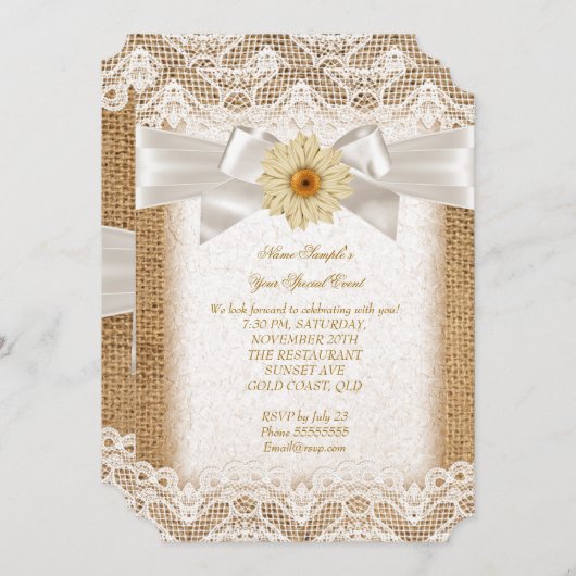 Rustic Burlap Cream Lace, Gerbera Flower Bow 3 Kaart (Voorkant / Achterkant)