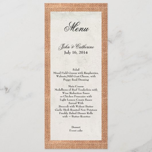 Rustic Burlap Custom Wedding Menu (Voorkant)