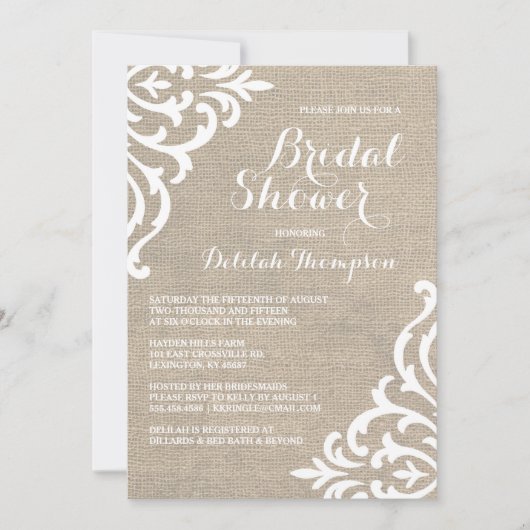 Rustic Burlap Damask Bridal Shower Kaart (Voorkant)