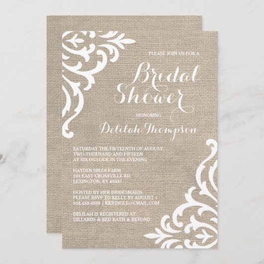 Rustic Burlap Damask Bridal Shower Kaart (Voorkant / Achterkant)